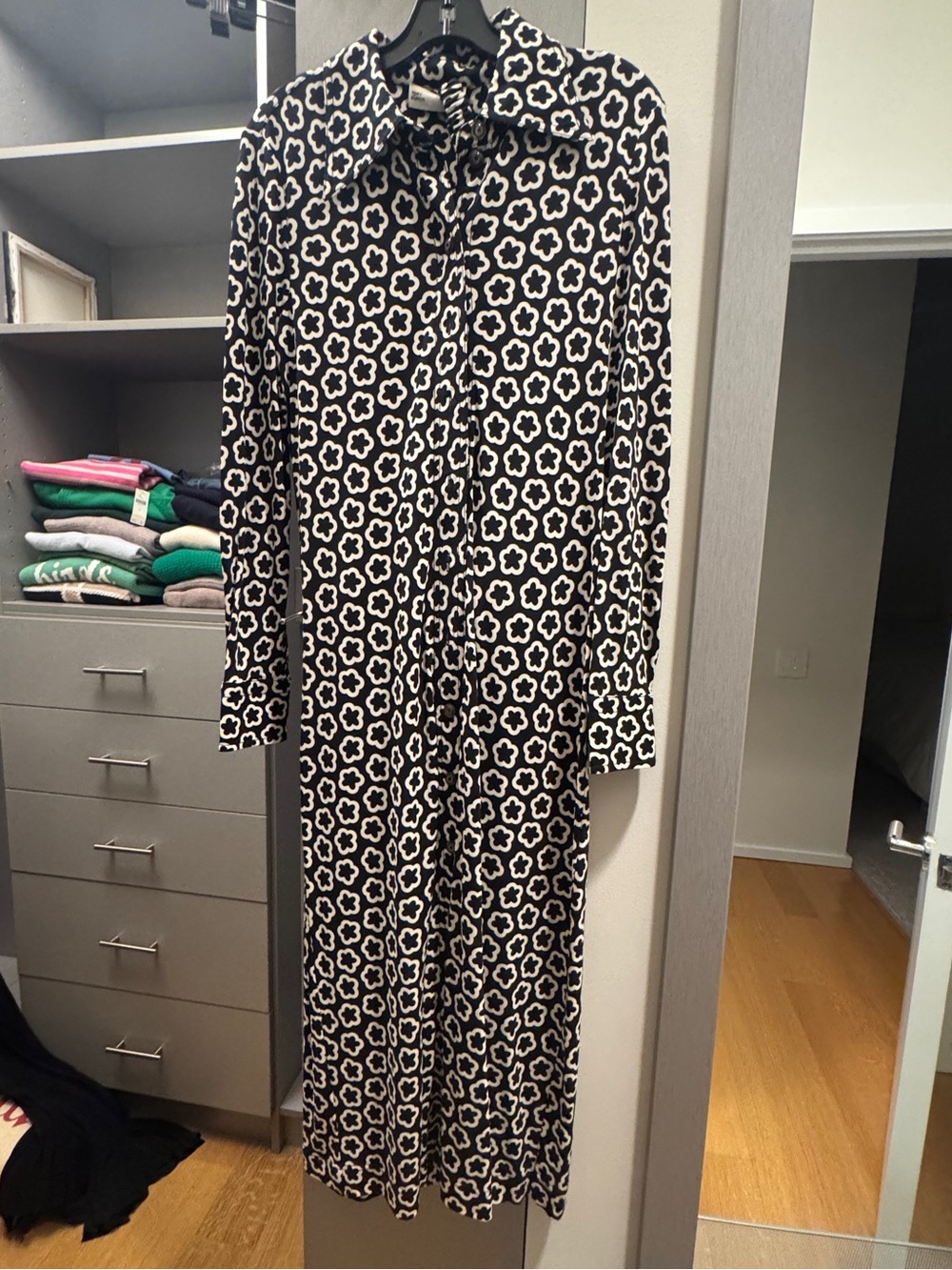 Tory Burch Black and White Floral Geometric Maxi Shirt Dress